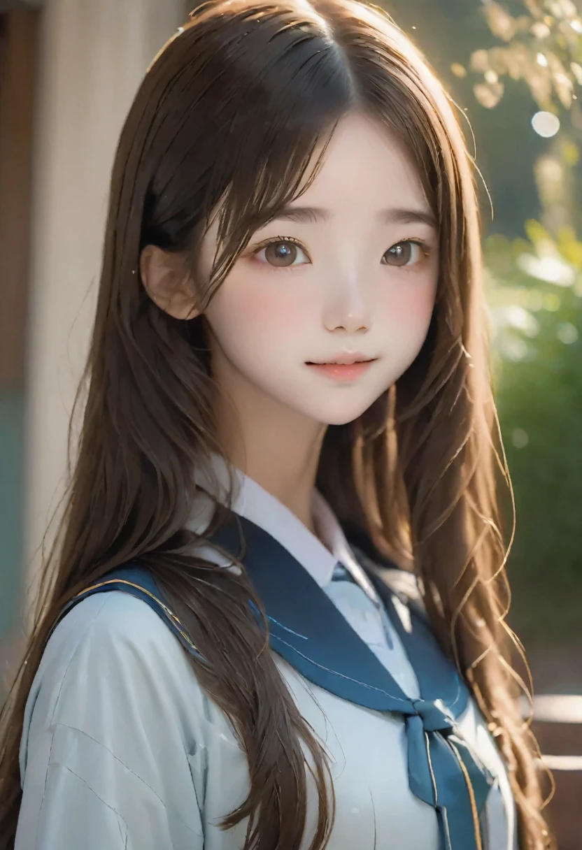 RAW Photos、Realistic、Ultra-realistic、Full body angle、(((18-year-old girl、cute、Black and brown hair)))、(((Duck mouth、Dimples、Highly detailed face and skin texture)))、(((Straight long hair)))、High School Uniform:1.37、Neat and clean 、Highest quality、masterpiece、Ultra-high resolution、8K