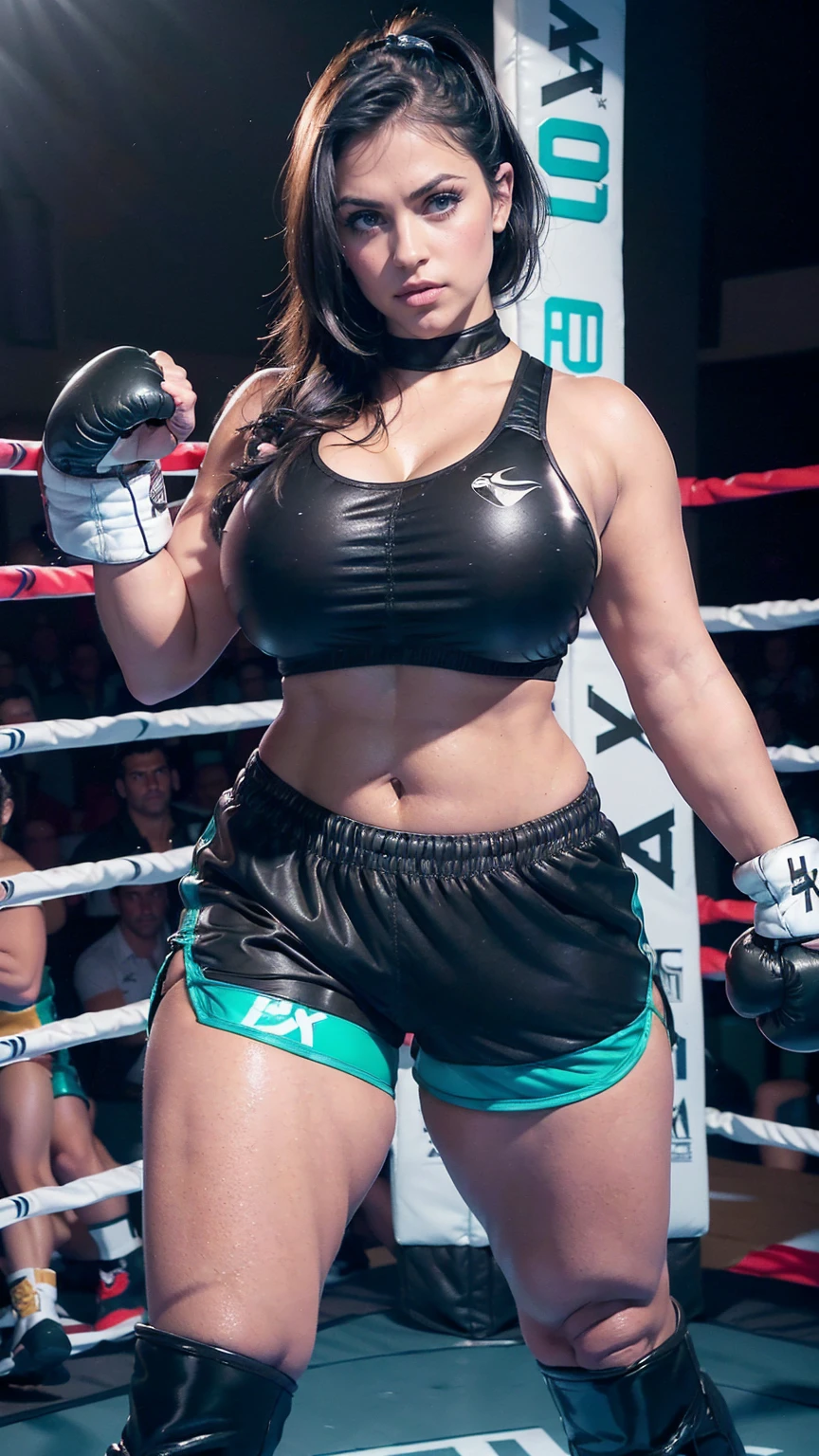 Curvy thicc DeniseMilani, tanned skin, cute, y, bimexy atttive face, jet-black hair, green eyes, ((black boxing shorts:1.3)), (skimpy boxing shorts:1.3)), ((boxing boots:1.2)), ((thicc:1.5)), ((muscular legs:1.3)), ((thick legs:1.3)), intimidating pose in a boxing ring, ((sexy black ing shorts:1.3)), ((full body portrait:1.3)),