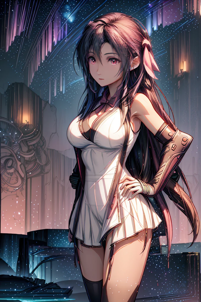 (8K HDR photorealistic pic:1.2), Tifa Lockhart, muscular, athletic, cheerful, toned body, (massive breasts), hourglass figure, fighter, long dark hair tied with ribbon at the end, ((Aerith costume, white dress, pink jacket)), realistic, seductive, red eyes, soft shadows, (masterpiece), Starry Sky with Mountains and Lake, Inspired by Jessica Rossier, Jessica Rossier Fantasy Art, Concept Art Magic Highlights, Official Artwork, Dream Painting, Ethereal Realm, Atmospheric artwork, dreamy matte paintings, serene endless stars inspired by Ted Nasmith, moonlit starry environments, epic music album covers.