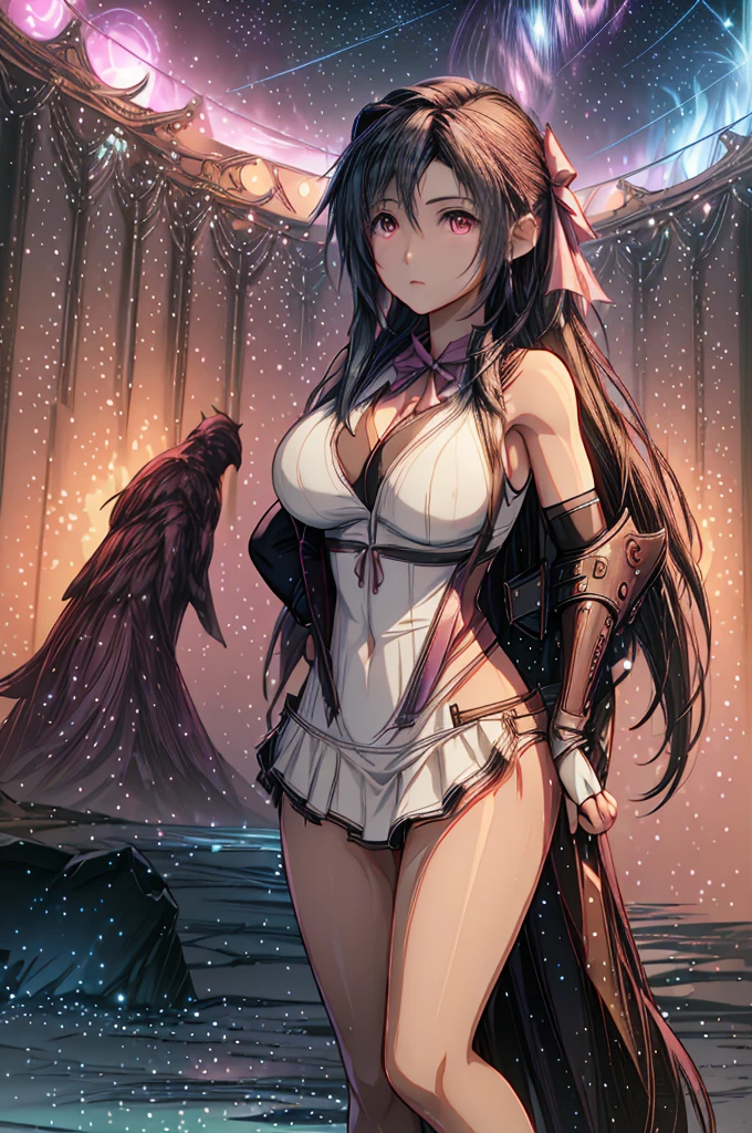 (8K HDR photorealistic pic:1.2), Tifa Lockhart, muscular, athletic, cheerful, toned body, (massive breasts), hourglass figure, fighter, long dark hair tied with ribbon at the end, ((Aerith costume, white dress, pink jacket)), realistic, seductive, red eyes, soft shadows, (masterpiece), Starry Sky with Mountains and Lake, Inspired by Jessica Rossier, Jessica Rossier Fantasy Art, Concept Art Magic Highlights, Official Artwork, Dream Painting, Ethereal Realm, Atmospheric artwork, dreamy matte paintings, serene endless stars inspired by Ted Nasmith, moonlit starry environments, epic music album covers.