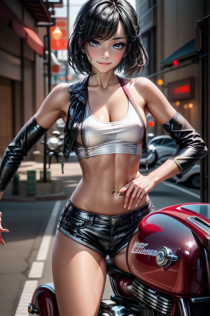 (cowboy shot), (Perfect Anatomy, top-quality, The ultra -The high-definition, high resolution, extremely detailed CG, 8K Unit Wallpapers), 26-year-old lady, solo, beautiful detailed eyes, black hair, short bob hair, blunt bang, (small breasts, statuesque slender body, athletic), gleaming skin, oily skin, (punk fashion, leather jacket, Tank top, micro shorts), (drive a motorcycle,Harley-Davidson), on road, Tokyo, at night