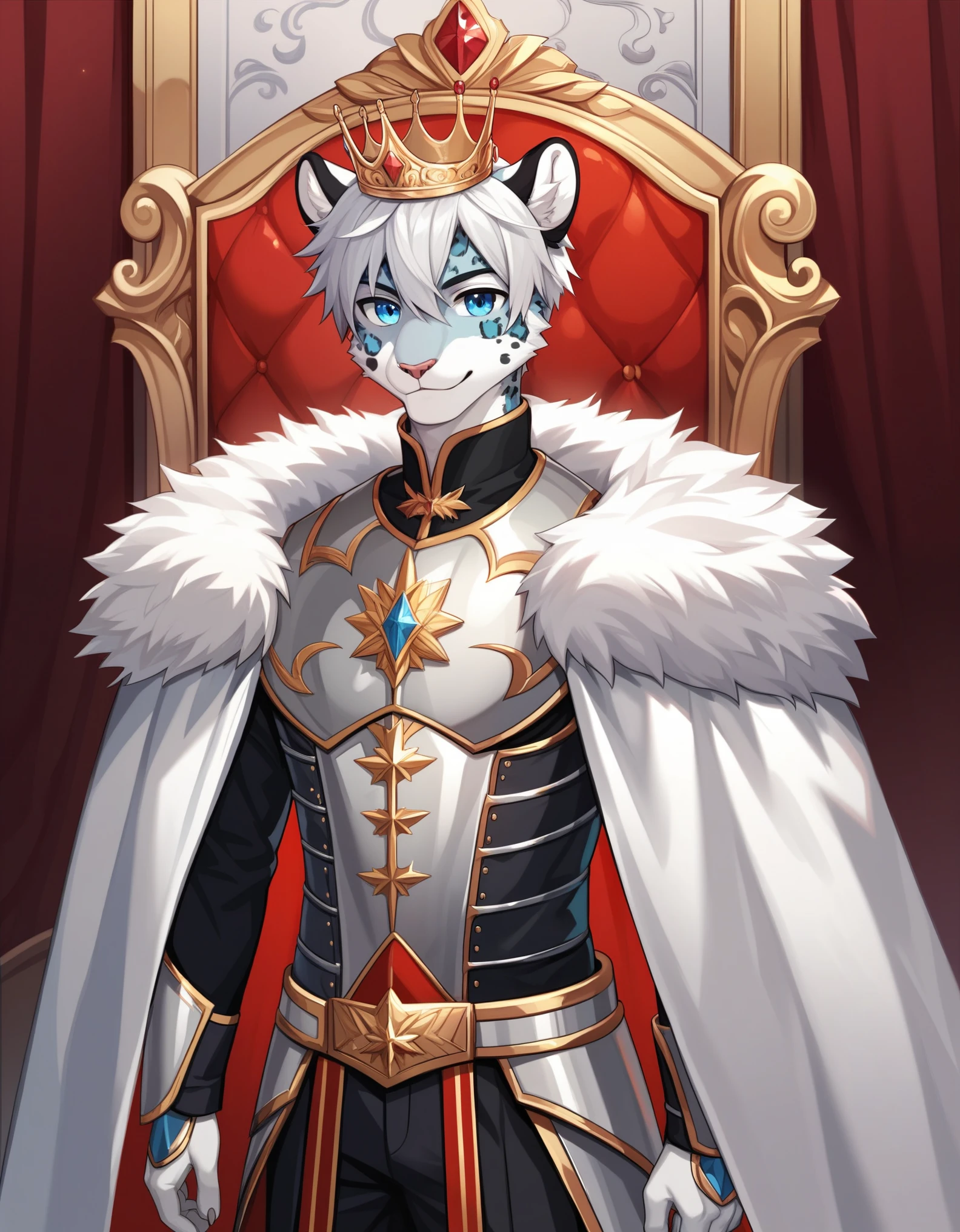 Score_9, score_8_up, score_7_up, source_cartoon, Anthro male, snow leopard, short white hair, blue eyes,  wearing regal kings outfit, kings top, elegant slacks, crown, wearing silver armor, white cape, young, tall and slender, portrait, standing, in a throne room