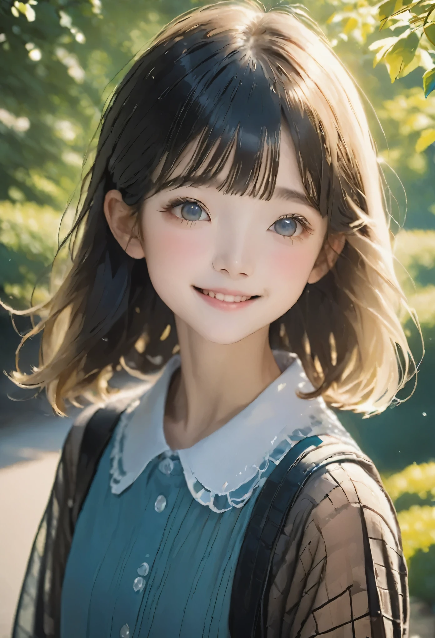 RAW Photos、Realistic、Highest quality、masterpiece、、Smiling girl in a Japanese high 、Big eyes、((A mesh of soft blonde and black hair:1.3))、Summer Morning、The world is around 25℃、morning fresh air、On the way to school、Beautiful Face、Highly detailed face and eyes