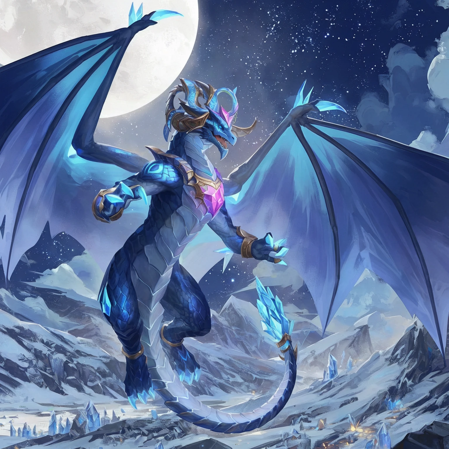 There is a dragon flying in the sky, human dragon art, Frost Dragon, fantasy Hearthstone艺术 style, Aurelion Sol, Furry Fantasy Art, Hearthstone卡牌艺术, Blue Elf, Anthropomorphic dragon, Hearthstone艺术, Hearthstone风格的艺术, Set against the backdrop of a dragon, Crystal Dragon, Blue Dragon, 《Hearthstone》Card game original picture. ”