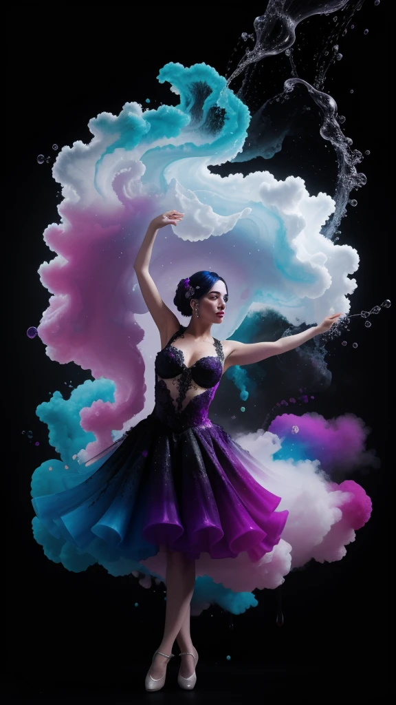 Alberto seveso art, white woman dancing sillhouette, water ink, purple ink water, black ink cloud, bubbles, alberto seveso art, loose painting style, intricate detail, cinematic lighting, octane render, 8k render, volumetric lighting