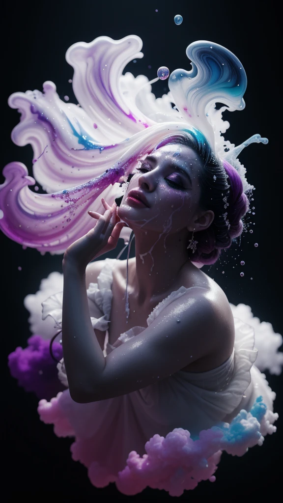 Alberto seveso art, white woman dancing sillhouette, water ink, purple ink water, black ink cloud, bubbles, alberto seveso art, loose painting style, intricate detail, cinematic lighting, octane render, 8k render, volumetric lighting