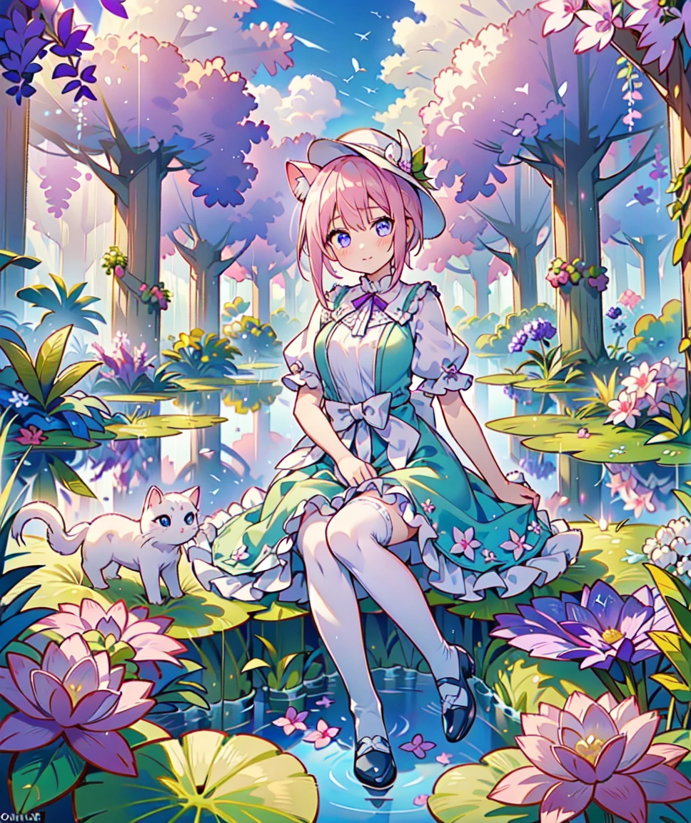 Ichika nakano, magical photography, deep focus bokeh, dressed as sweetie belle from my little pony, solo, 1 girl, in a mythical garden: 2.0, (short pink hair, coil curls: 2.5, dark blue heavenly eyes: 1.5, wearing a green and white dress, happy: 1.5, soft smile, her surroundings are ethereal, ((ultra realistic high quality top quality 4k)),: 3.0, bright sunny day: 1.urple and green flowers everywhere: 3.2, bushes, POND WITH LILY PADS: 3.0, jacaranda trees: 2.0, highly detailed jacaranda trees, green grass: 1.3, wearing a white summer hat with purple ribbon, summer dress with flower patterns, dainty features: 2.0,  like features: 2.0 two white cat ears: 1.0, ONE WHITE THIN THIN REALLY THIN HORN ON HER FOREHEAD, two white cat ears, pure white skin, green thigh high, highly detailed legging, purple heel, shiny hair, slightly shiny skin, sun rise, morning, shining ponds, lavender flower everywhere, shining eyes, soft gentle smile cute pink soft light blush,