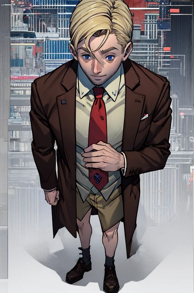 Man with blond hair and blue eyes, wearing a dress shirt with a red tie and a brown overcoat, whole body