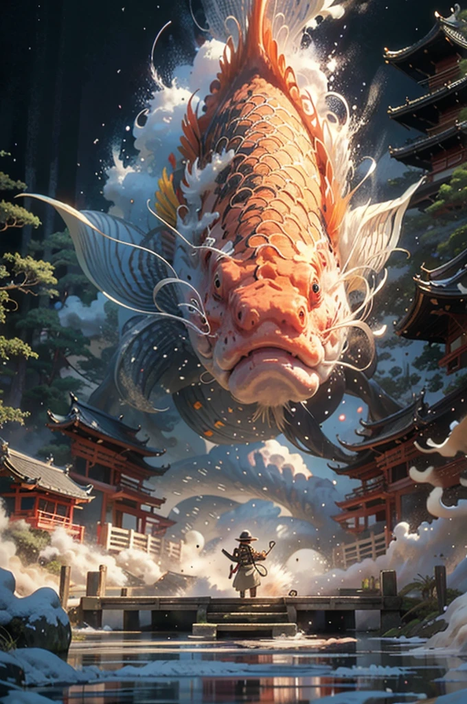 BJ_Sacred_beast,outdoors,sky,cloud,animal,building,scenery,fish,stairs,architecture,east_asian_architecture,goldfish,oversized_animal,pagoda,koi,
cinematic lighting,strong contrast,high level of detail,Best quality,masterpiece,White background,