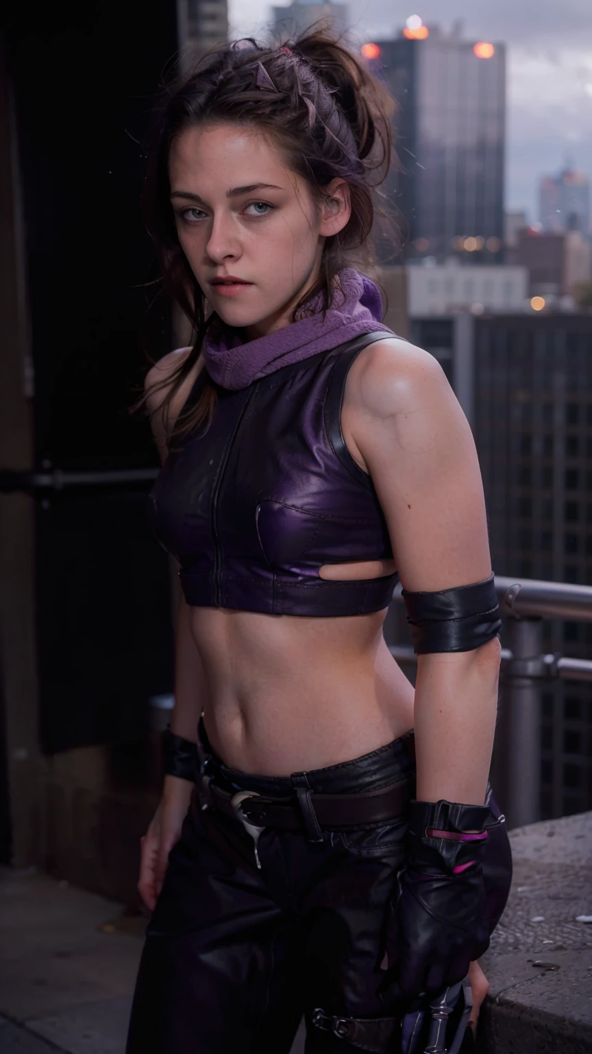 (masterpiece), (photorealistic1.4), (1 girl), (solo), (best quality), (large breasts), (epiCRealLife), (Kate Bishop long hair), (sleeveless top), (kateb2023 black utility belt), (kateb2023 purple costume), (purple pants) (kateb2023 purple sleevless bodysuit), (krs, KristenStewartDogu, Kristen Stewart, white scarf),(white scarf), (kateb202), (bare shoulder), (night time), (kateb2023 wearing black boot), (elbow gloves), (abs), (flash photography), (flashphoto), (outdoor), , (sunset), (look at viewers),(light smile), , standing on new york city rooftop), (from side), (city landscape), (close up)