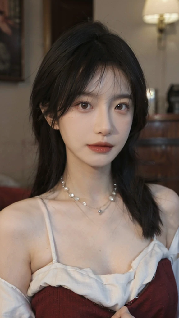 Film portrait photography, 1 girl, bare shoulders,lipstick，（flat chest：1.4）， wear necklace，Big breasts，Cute expression,Exquisite makeup，Red suspenders，serene, calm, (Realistic and detailed eyes, natural skin texture, Realistic facial details), Soft dramatic lighting, depth of field, Bokeh, Vibrant details, Detailed and detailed, surreal, 35mm film, hazy, ,