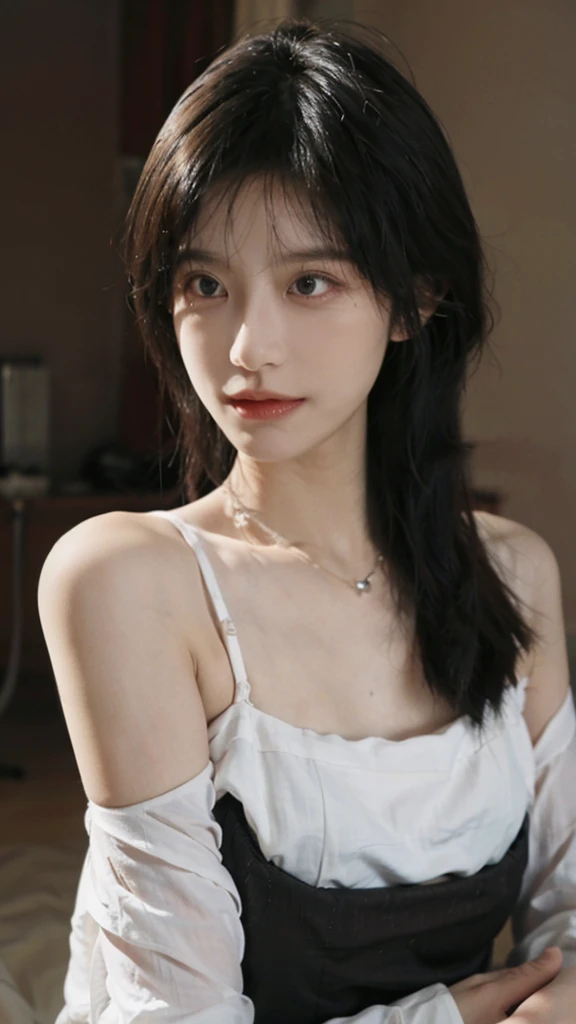 Film portrait photography, 1 girl, bare shoulders,lipstick，（flat chest：1.4）， wear necklace，Big breasts，Cute expression,Exquisite makeup，Red suspenders，serene, calm, (Realistic and detailed eyes, natural skin texture, Realistic facial details), Soft dramatic lighting, depth of field, Bokeh, Vibrant details, Detailed and detailed, surreal, 35mm film, hazy, ,