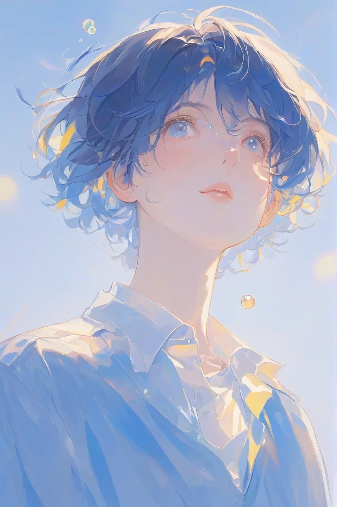 (masterpiece,最好of质量,Extremists_详细of,high resolution,absurd:1.2), blue, 一个在水下闭着眼睛of男孩,Wear a white-collared shirt,depth_of_site,(Long neck looking up:1.2),bubble,(One hand raised:1.2), Complementary colors,Short and messy_hair,Light eyes,Strong contour light,high resolution