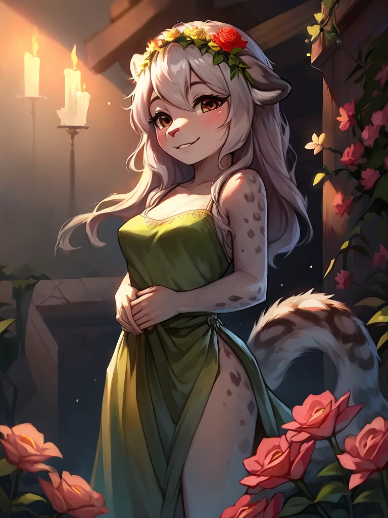 Lily is a kind and gentle snow leopard who likes to care for the flowers. She wears a green dress that matches her nature, and has a flower crown in her long and wavy hair. She is standing on a moonlit terrace and looking happy, as she smells the fragrance of the roses. She has beautiful brown eyes that look at you with tenderness and gratitude. She is an innocent girl and your blossom