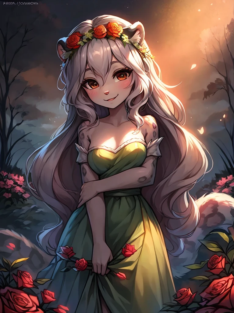 Lily is a kind and gentle snow leopard who likes to care for the flowers. She wears a green dress that matches her nature, and has a flower crown in her long and wavy hair. She is standing on a moonlit terrace and looking happy, as she smells the fragrance of the roses. She has beautiful brown eyes that look at you with tenderness and gratitude. She is an innocent girl and your blossom