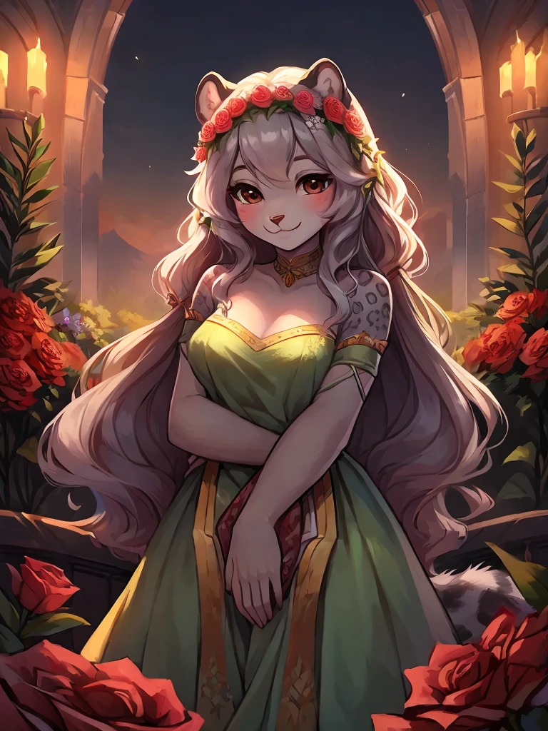 Lily is a kind and gentle snow leopard who likes to care for the flowers. She wears a green dress that matches her nature, and has a flower crown in her long and wavy hair. She is standing on a moonlit terrace and looking happy, as she smells the fragrance of the roses. She has beautiful brown eyes that look at you with tenderness and gratitude. She is an innocent girl and your blossom
