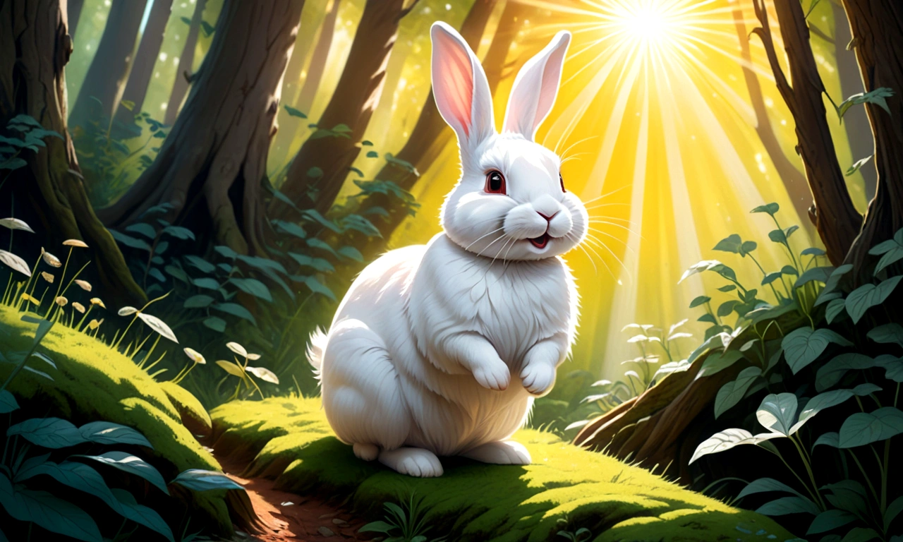 Drawing of a happy white rabbit in a forest with sun rays.