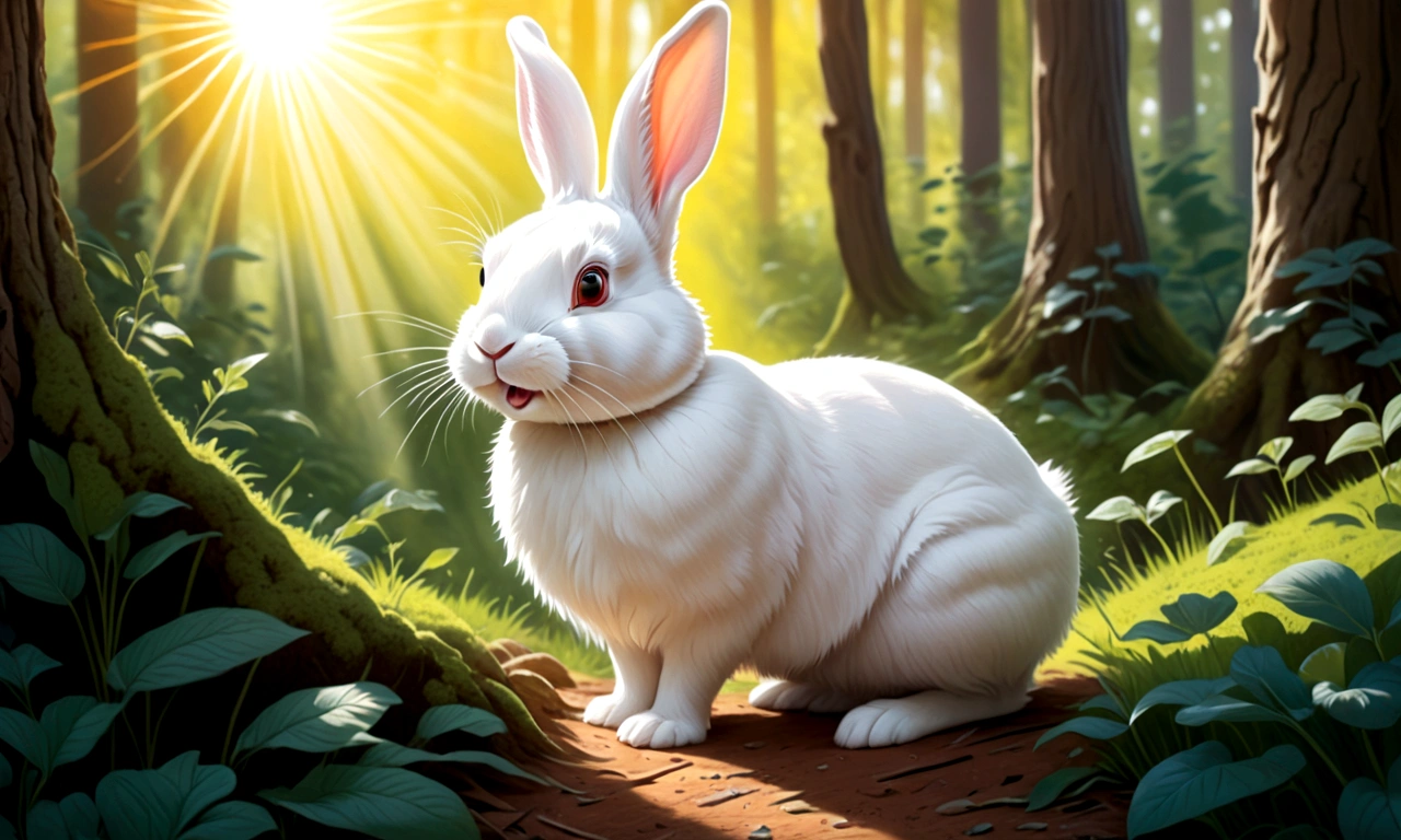 Drawing of a happy white rabbit in a forest with sun rays.
