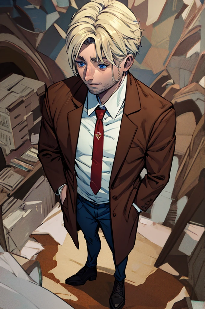 Man with blond hair and blue eyes, wearing a dress shirt with a red tie and a brown overcoat, whole body