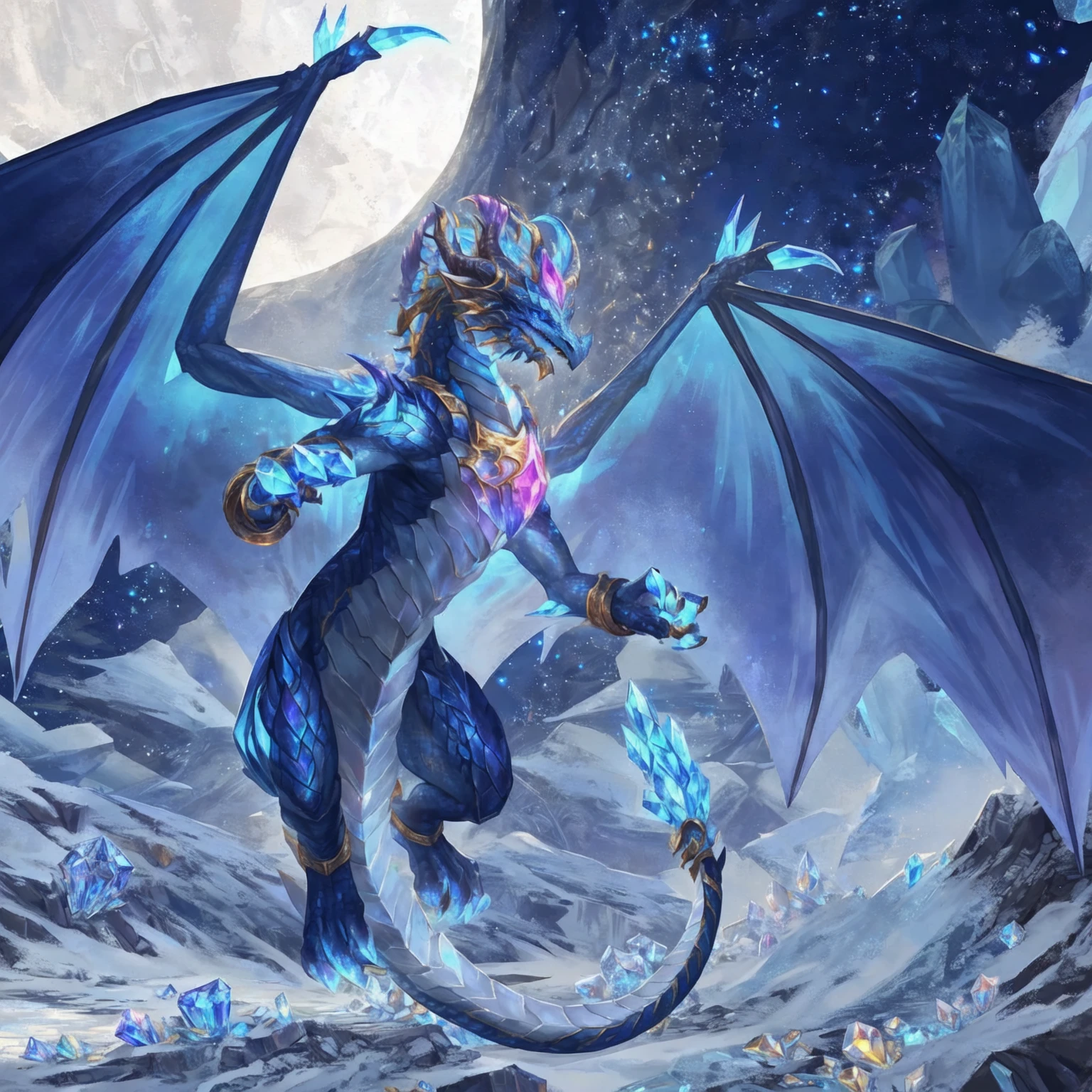 There is a dragon flying in the sky, human dragon art, Frost Dragon, fantasy Hearthstone艺术 style, Aurelion Sol, Furry Fantasy Art, Hearthstone卡牌艺术, Blue Elf, Anthropomorphic dragon, Hearthstone艺术, Hearthstone风格的艺术, Set against the backdrop of a dragon, Crystal Dragon, Blue Dragon, 《Hearthstone》Card game original picture. ”