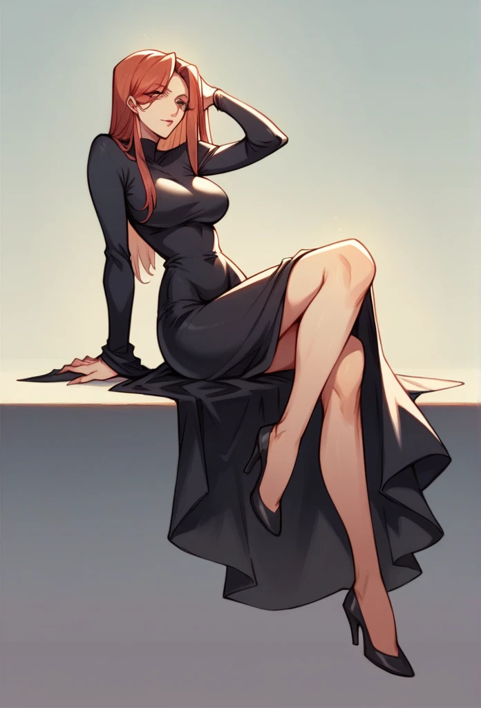 Parasoul, mature woman, long legs,sexy ,very short black dress, long sleeves, ultra daring dress 