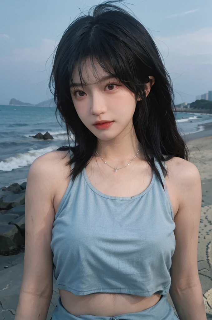 Best quality,Ultra-high resolution,(lifelike:1.4),Cute hairpin,2girll,Long curly hair,jk,Blush,Slim beauty:1.4,Visible abdominal muscles,on the beach,Ultra-fine face,Exquisite eyes,Double eyelids,necklace