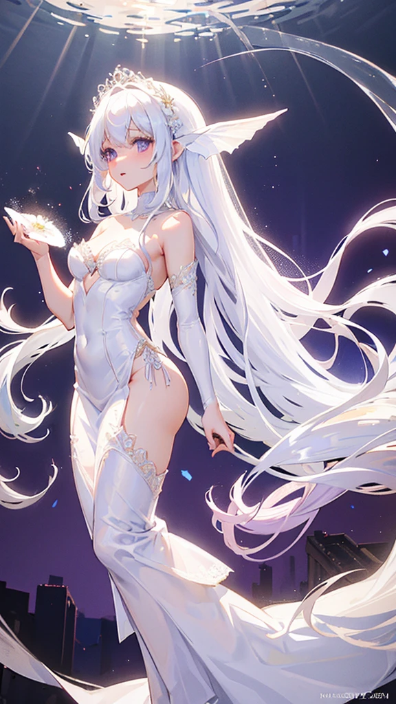 Extremely long white hair, purple eyes, dreamiest female figure, gorgeous girl. Gorgeous white mermaid fit and flare strapless wedding dress, with beautiful lace details with a matching long vail. Most perfect body and facial details.