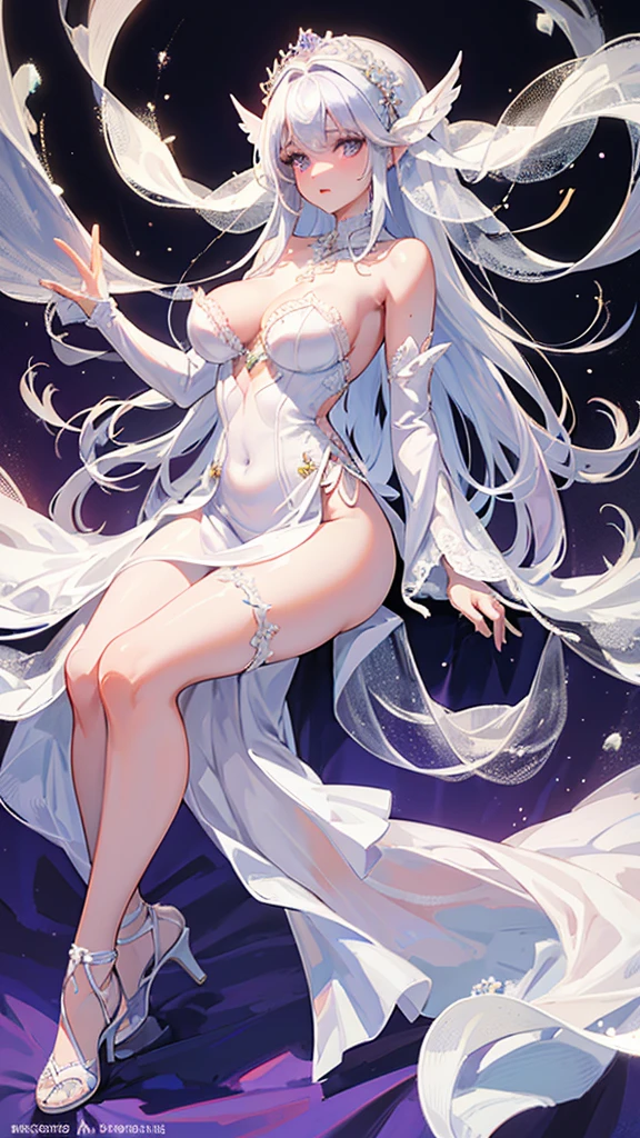 Extremely long white hair, purple eyes, dreamiest female figure, gorgeous teen girl. Gorgeous white mermaid fit and flare strapless wedding dress, with beautiful lace details with a matching long vail. Most perfect body and facial details.
