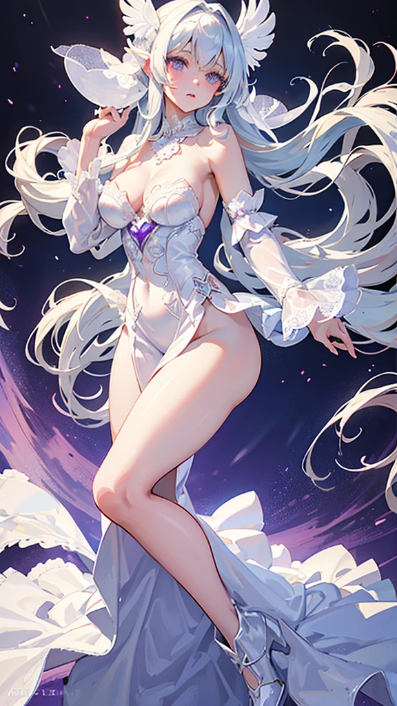 Extremely long white hair, purple eyes, dreamiest female figure, gorgeous  girl. Gorgeous white mermaid fit and flare strapless wedding dress, with beautiful lace details with a matching long vail. Most perfect body and facial details.