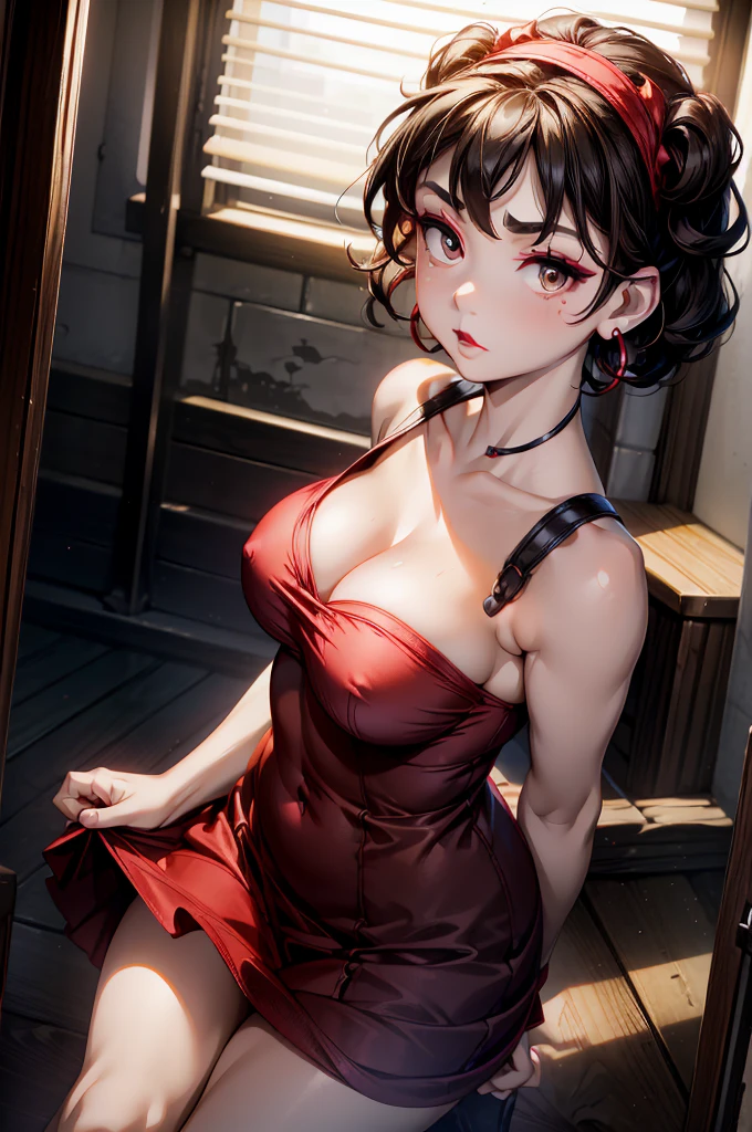 (8K HDR photorealistic pic), Betty Boop, short, althetic, curvy lady, ((tight little red dress)), dark eyebrows, black lipstick, (hoop earrings), dark eyeshadow, black lipstick, curvy, busty, (curly short black hair), shortstack, (retroussé breasts), darling figure, (supple pouting breasts), firm thighs, hourglass figure, kerchief, big brown eyes, dancing seductively