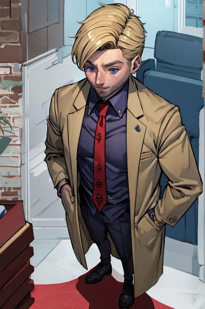 Man with blond hair and blue eyes, wearing a dress shirt with a red tie and a brown overcoat, whole body full of scars