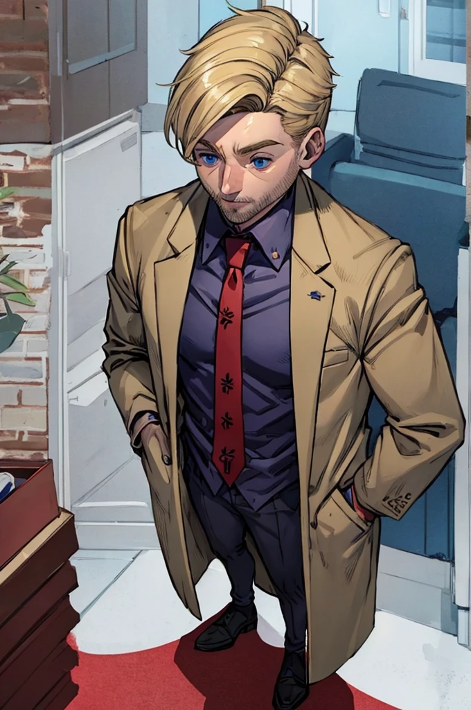 Man with blond hair and blue eyes, wearing a dress shirt with a red tie and a brown overcoat, whole body full of scars