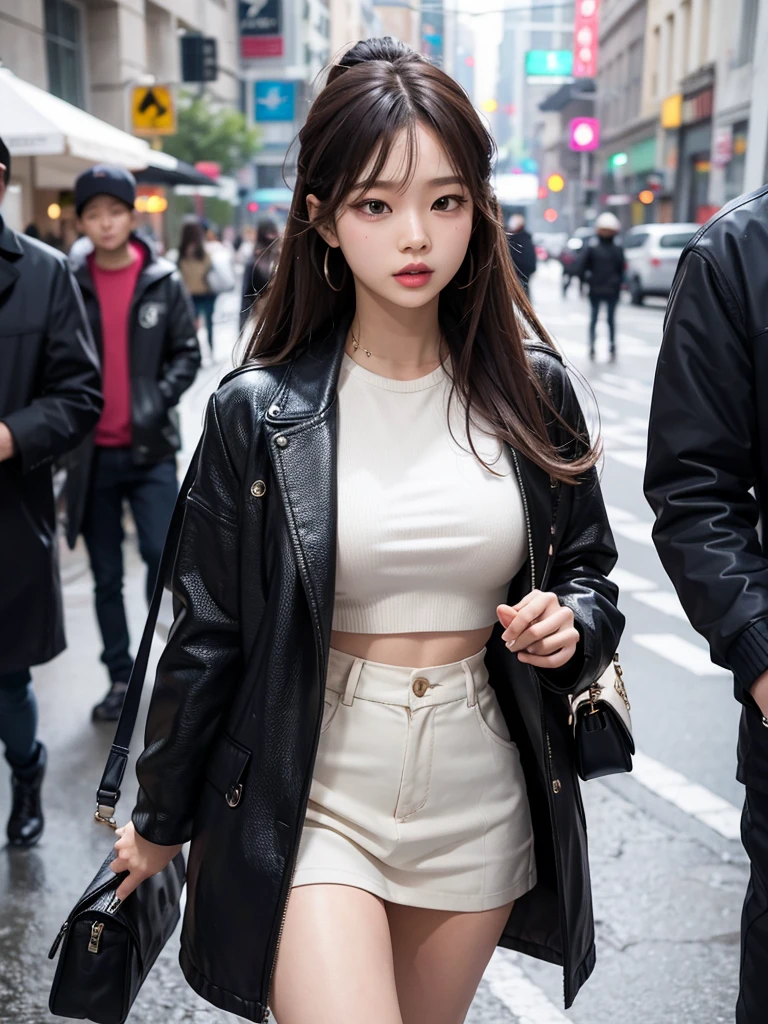 Jennie Kim, the iconic BLACKPINK rapper and singer, is in Seoul on a rainy day. Despite the downpour, she radiates an aura of luxury and style as she poses on the city&#39;s busy streets. Her black long-sleeved top matches perfectly with her transparent umbrella., creating a sleek, modern silhouette. Her black hair is wet and stuck to her face, but this only serves to enhance your natural beauty. A faint smile plays on his full lips, as she observes the world around her with an air of mystery. City lights flicker and reflect in puddles of water, creating a vibrant and lively urban setting. Focus on Jennie&#39;s face. focus on the body.