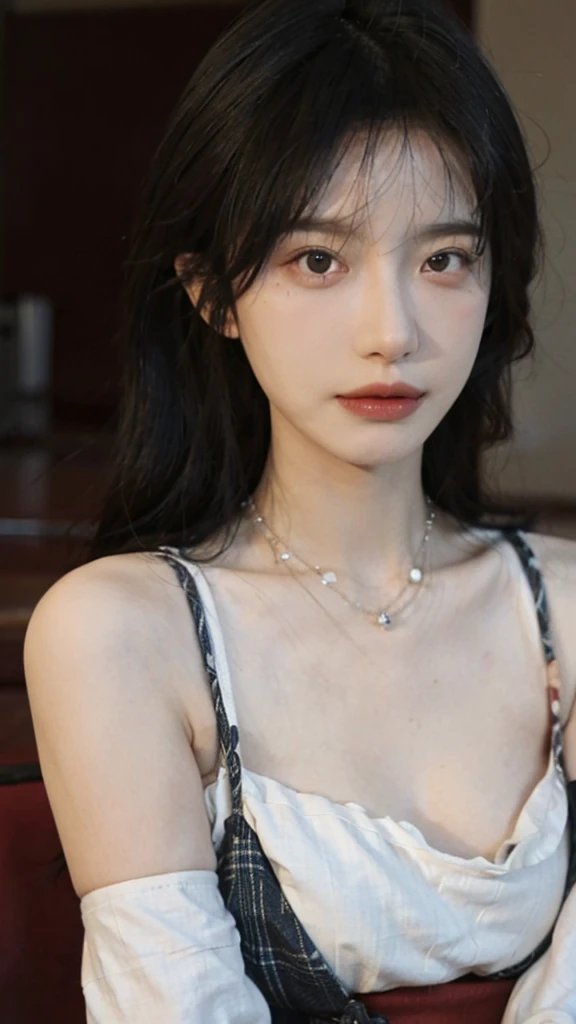 Film portrait photography, 1 girl, bare shoulders,lipstick，（flat chest：1.4）， wear necklace，Big breasts，Cute expression,Exquisite makeup，Red suspenders，serene, calm, (Realistic and detailed eyes, natural skin texture, Realistic facial details), Soft dramatic lighting, depth of field, Bokeh, Vibrant details, Detailed and detailed, surreal, 35mm film, hazy, ,