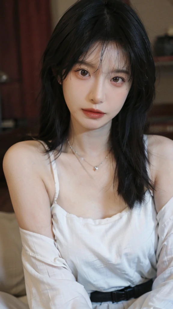 Film portrait photography, 1 girl, bare shoulders,lipstick,(flat chest:1.4), wear necklace,Big breasts,Cute expression,Exquisite makeup,Red suspenders,serene, calm, (Realistic and detailed eyes, natural skin texture, Realistic facial details), Soft dramatic lighting, depth of field, Bokeh, Vibrant details, Detailed and detailed, surreal, 35mm film, hazy, ,