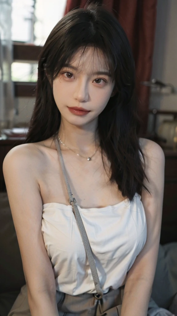 Film portrait photography, 1 girl, bare shoulders,lipstick,(flat chest:1.4), wear necklace,Big breasts,Cute expression,Exquisite makeup,Red suspenders,serene, calm, (Realistic and detailed eyes, natural skin texture, Realistic facial details), Soft dramatic lighting, depth of field, Bokeh, Vibrant details, Detailed and detailed, surreal, 35mm film, hazy, ,