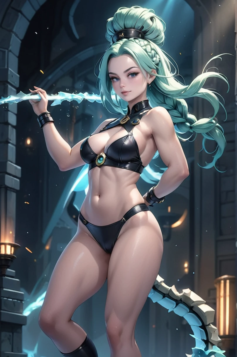 Margot Robbie, animated style, digital paint, 1 girl, Women, fierce sci-fi barbarian shaman, (muscular:1.3), leather armor, shoulder pads, dull aquamarine hair, carving,side braid, full scorpion, by the bomb, matte black hair, French braids,Infinity Braid, slim figure, narrow waist, tight ass, medium breasts, Caucasian, (average, scenery, "in the liminal galaxy splashed":1)