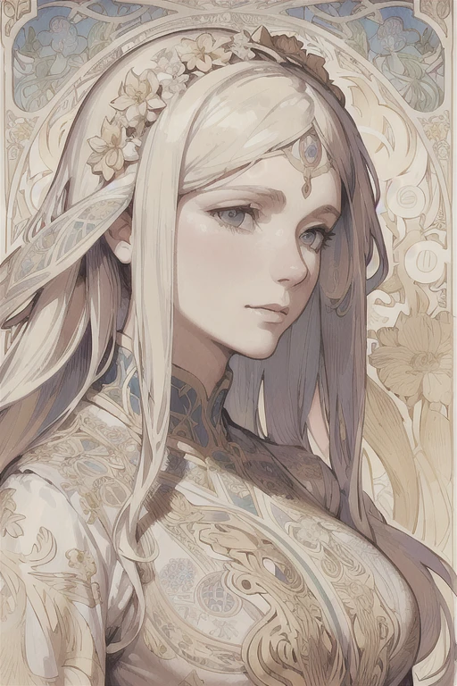 facial portrait of a european woman , long curly hair, blond, floral frame, decorative panels, abstract art, by alphonse mucha
(work of art, best qualityer, high resolution:1.4), detailded, details Intricate, 4K, color splashing, line art, fibonacci,