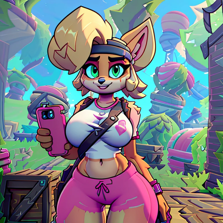 (masterpiece), ((perfect anatomy)), (high Res), (4k), bandicoot, green eyes, blonde hair, huge breast, wide hips, (((pink shirt))), (((pink shorts))), happy, ((((Fortnite artstyle)))), (((solo))), narrow waist