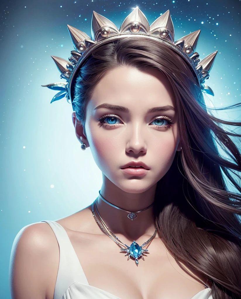 arafed woman in a white dress with a crown and a blue dress, Artgerm Julie Bell Beeple, goddess. Extremely high details, Portrait of the Goddess, close-up portrait of the goddess, looking into the center of the camera, Elf priestess, A stunning portrait of a goddess, Portrait of a beautiful goddess, priestess, charlie bowater art style, charlie character art bowater