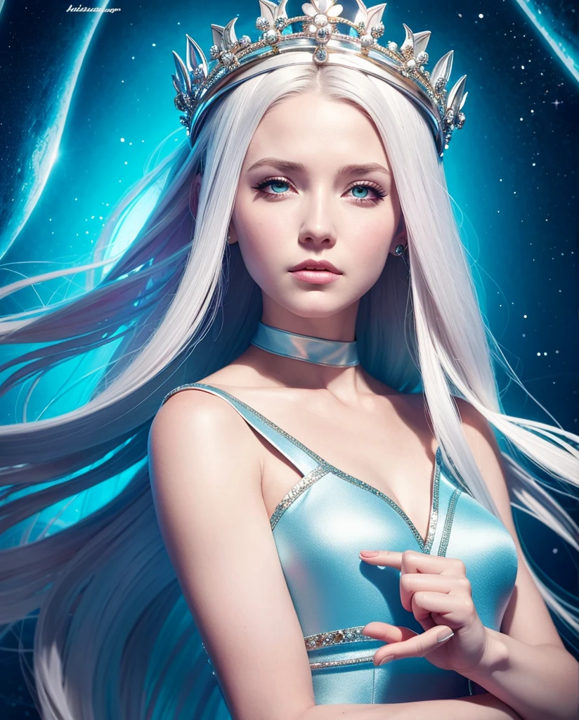 arafed woman in a white dress with a crown and a blue dress, Artgerm Julie Bell Beeple, goddess. Extremely high details, Portrait of the Goddess, close-up portrait of the goddess, looking into the center of the camera, Elf priestess, A stunning portrait of a goddess, Portrait of a beautiful goddess, priestess, charlie bowater art style, charlie character art bowater