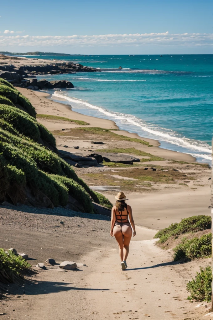 A girl walking to the sea with a big ass