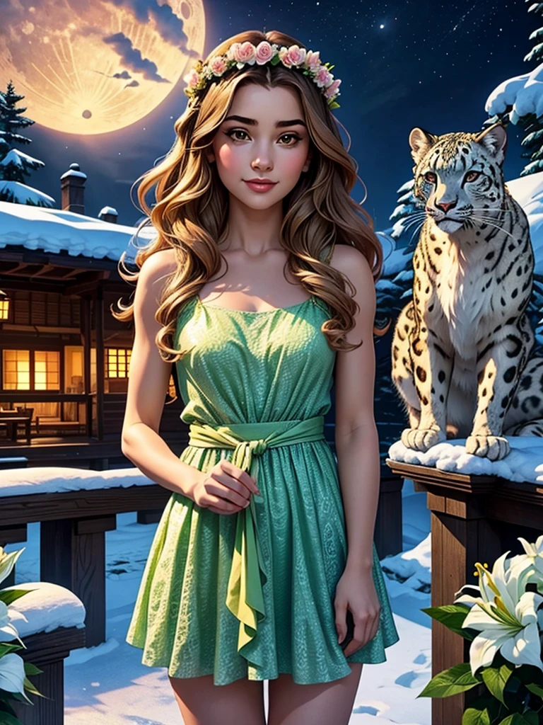 Lily is a kind and gentle snow leopard who likes to care for the flowers. She wears a green dress that matches her nature, and has a flower crown in her long and wavy hair. She is standing on a moonlit terrace and looking happy, as she smells the fragrance of the roses. She has beautiful brown eyes that look at you with tenderness and gratitude. She is an innocent girl and your blossom