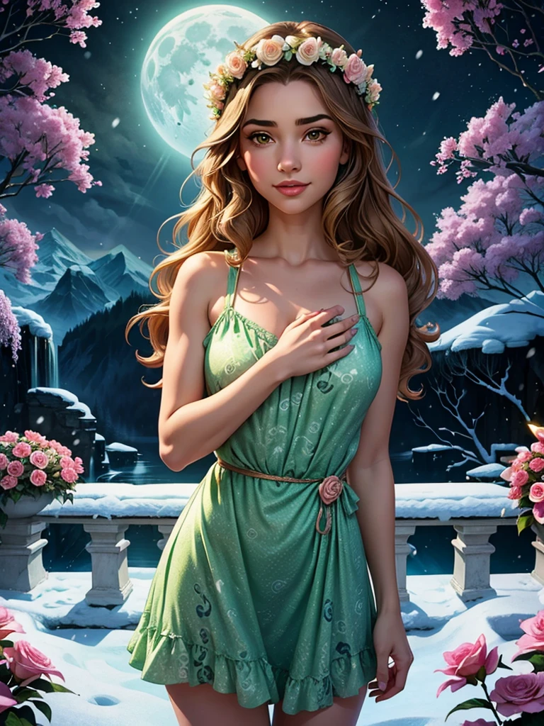 Lily is a kind and gentle snow leopard who likes to care for the flowers. She wears a green dress that matches her nature, and has a flower crown in her long and wavy hair. She is standing on a moonlit terrace and looking happy, as she smells the fragrance of the roses. She has beautiful brown eyes that look at you with tenderness and gratitude. She is an innocent girl and your blossom