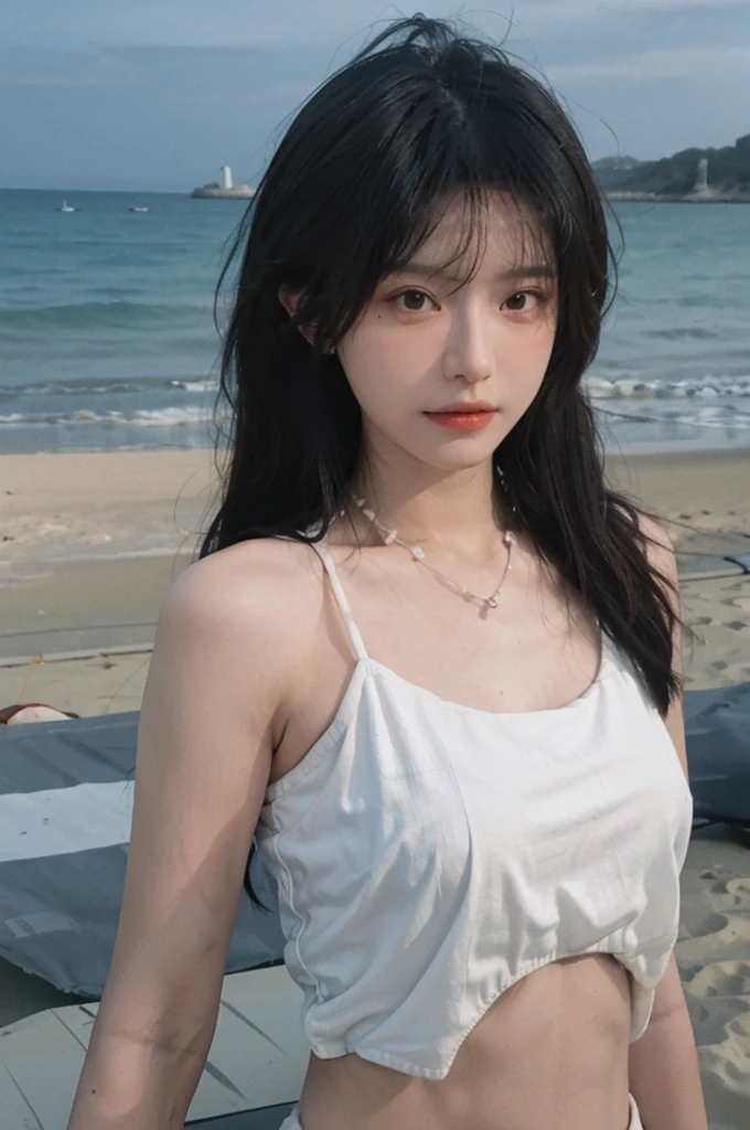 Best quality,Ultra-high resolution,(lifelike:1.4),Cute hairpin,2girll,Long curly hair,jk,Blush,Slim beauty:1.4,Visible abdominal muscles,on the beach,Ultra-fine face,Exquisite eyes,Double eyelids,necklace
