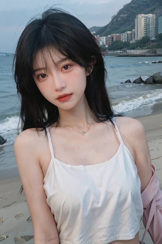 Best quality，Ultra-high resolution，（lifelike：1.4），Cute hairpin，2girll，Long curly hair，jk，Blush，Slim beauty：1.4，Visible abdominal muscles，on the beach，Ultra-fine face，Exquisite eyes，Double eyelids，necklace