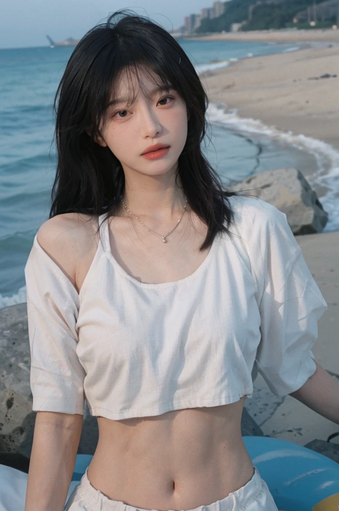Best quality，Ultra-high resolution，（lifelike：1.4），Cute hairpin，2girll，Long curly hair，jk，Blush，Slim beauty：1.4，Visible abdominal muscles，on the beach，Ultra-fine face，Exquisite eyes，Double eyelids，necklace