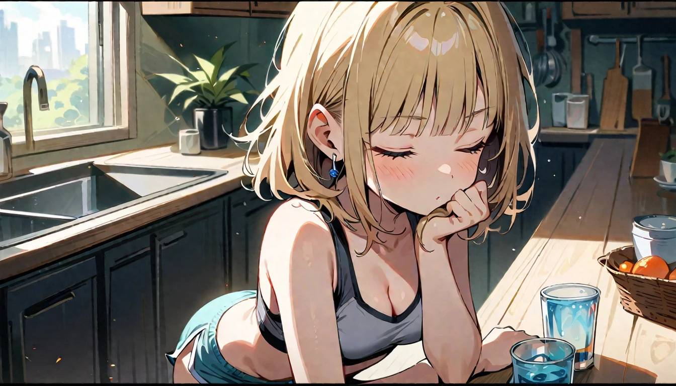 (masterpiece, best quality:1.2), 1girl, solo, Android 18 from Dragon Ball, ((gray crop sport bra)), (dolphin shorts), small breasts, short blonde hair loose, ((close eyes)), earrings on earlobes, slender feminine figure, narrow waistline, skinny body, light blush, drinking a cup of water, kitchen, natural lighting and shadows, magnificent view, blur background, 4K, blunt bangs, portrait, cleavage, morning, simple, organized kitchen, white base modern cute interiors, beautiful armpit, wearing glasses, flipped hair, hand on own mouth,