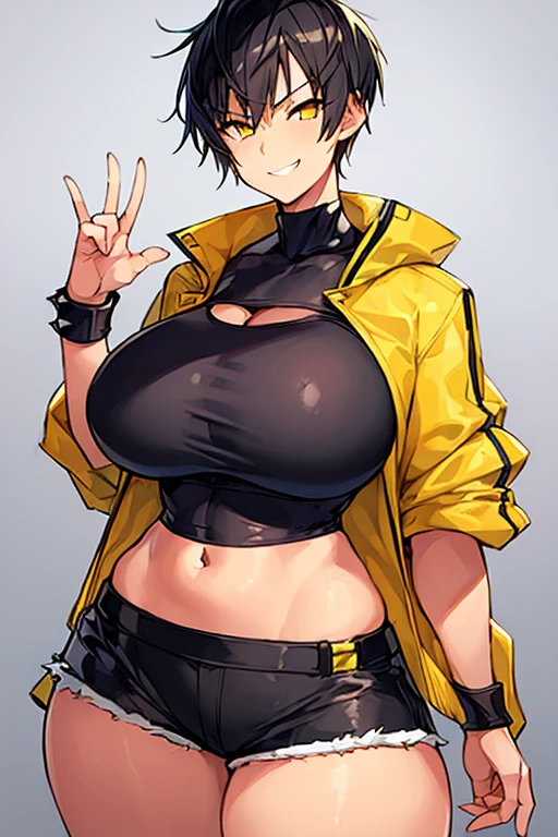 1girl, spiked hair, very short hair, yellow eyes, tan, tan skin, tan-skinned female, black hair, tomboy, pixie cut, huge breasts, shirt, jacket, black jacket, short pants, shorts, hourglass figure, thick thighs, smile, smirk, smug