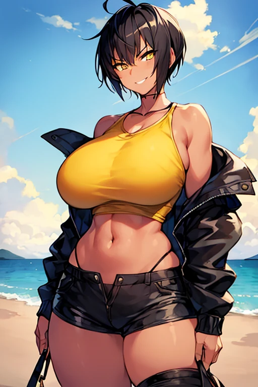 1girl, spiked hair, very short hair, yellow eyes, tan, tan skin, tan-skinned female, black hair, tomboy, pixie cut, huge breasts, shirt, jacket, black jacket, short pants, shorts, hourglass figure, thick thighs, smile, smirk, smug